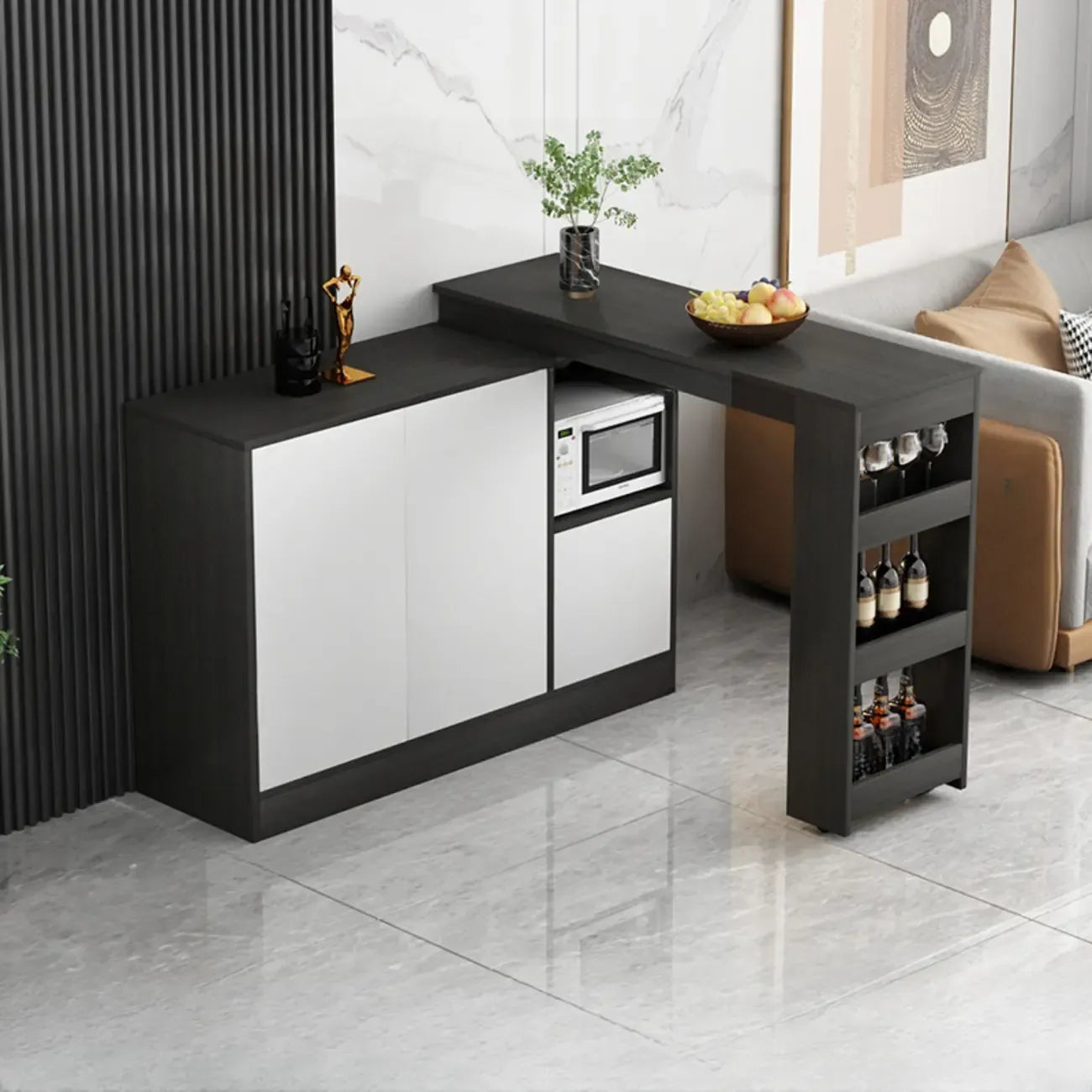 Table de bar moderne marron avec rangement pour le vin, idéale pour le salon.