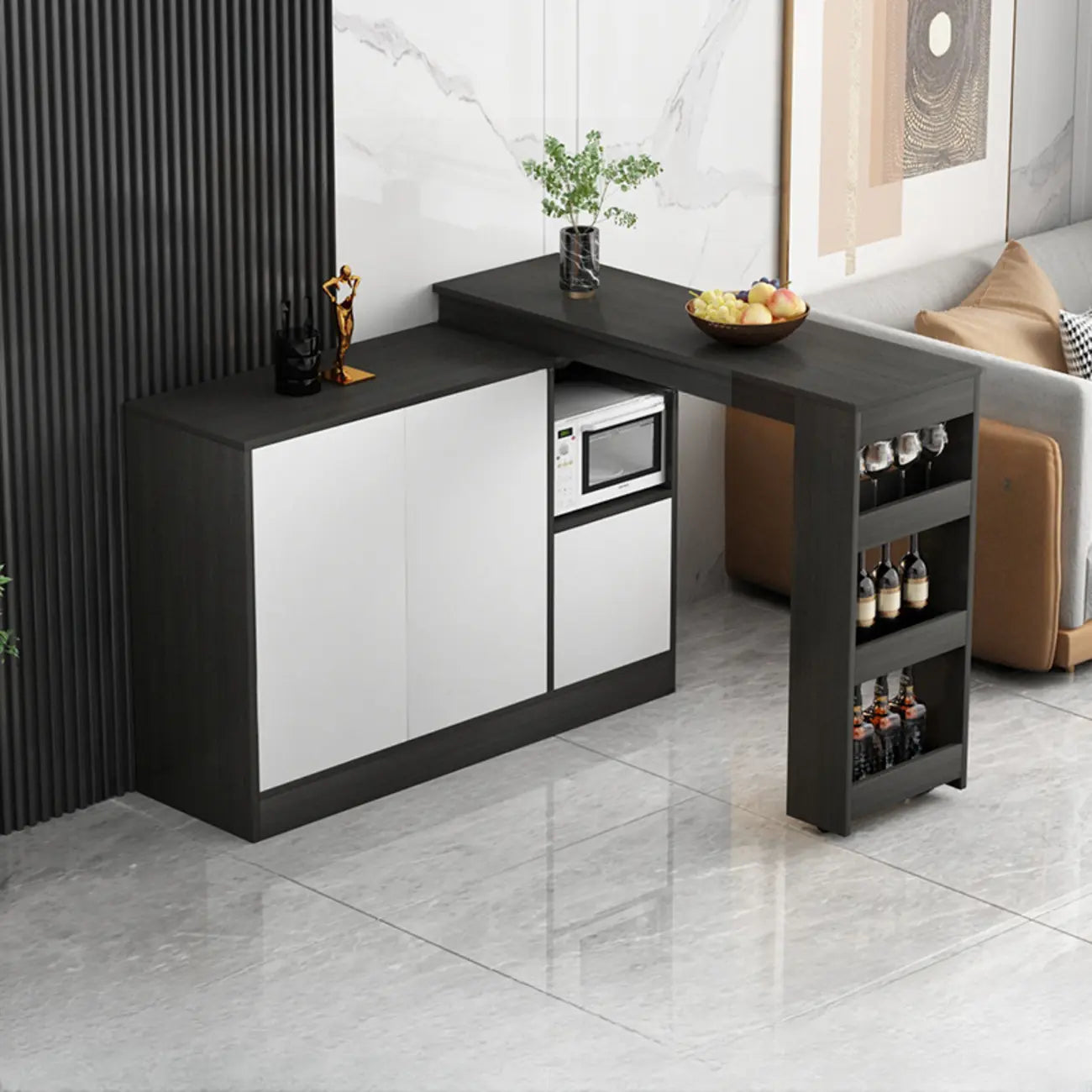 Table de bar moderne marron avec rangement pour le vin, idéale pour le salon.