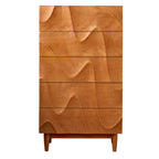 Commode carrée vintage en bois de cerisier texturé de 45 cm de hauteur avec 5 tiroirs