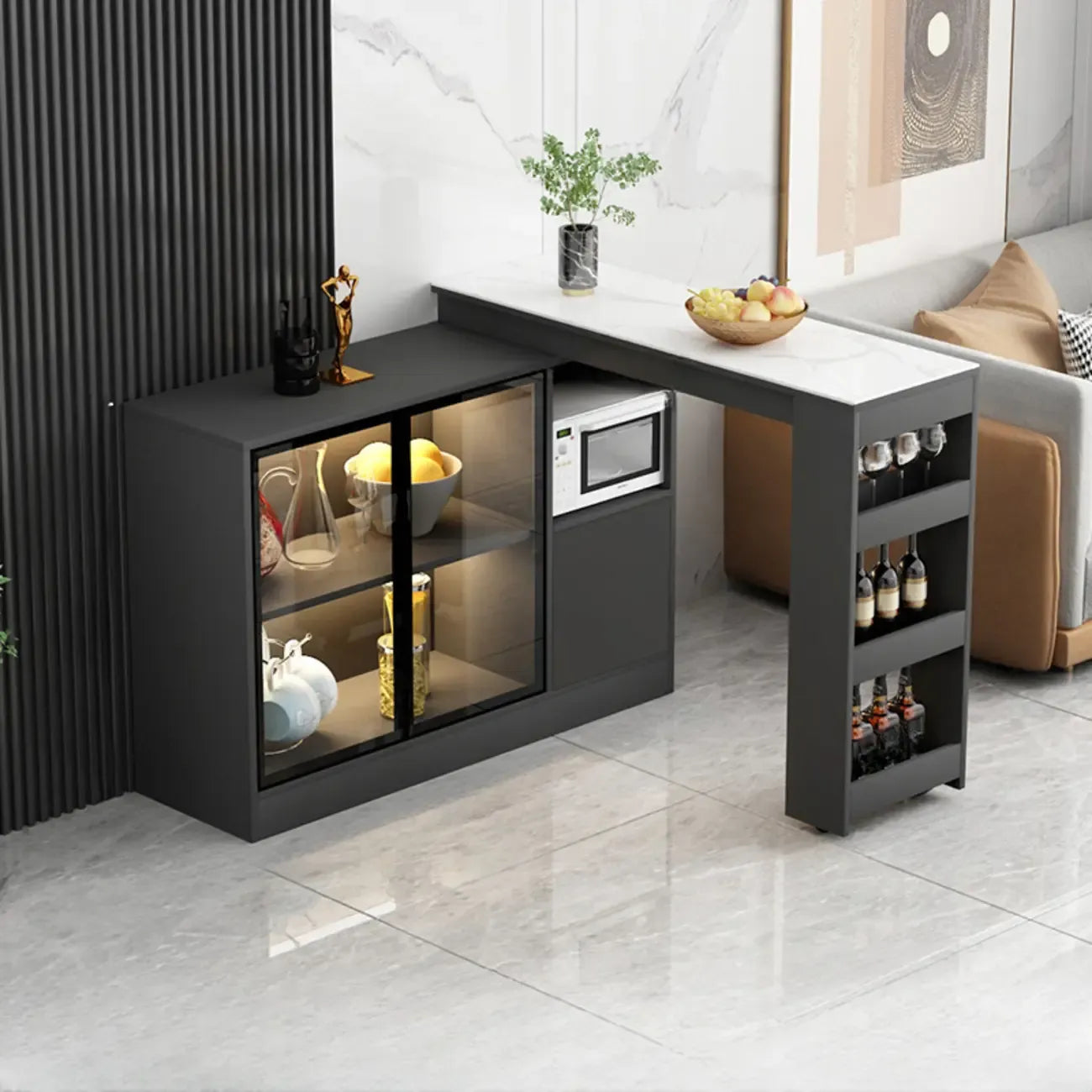 Table de bar moderne marron avec rangement pour le vin, idéale pour le salon.