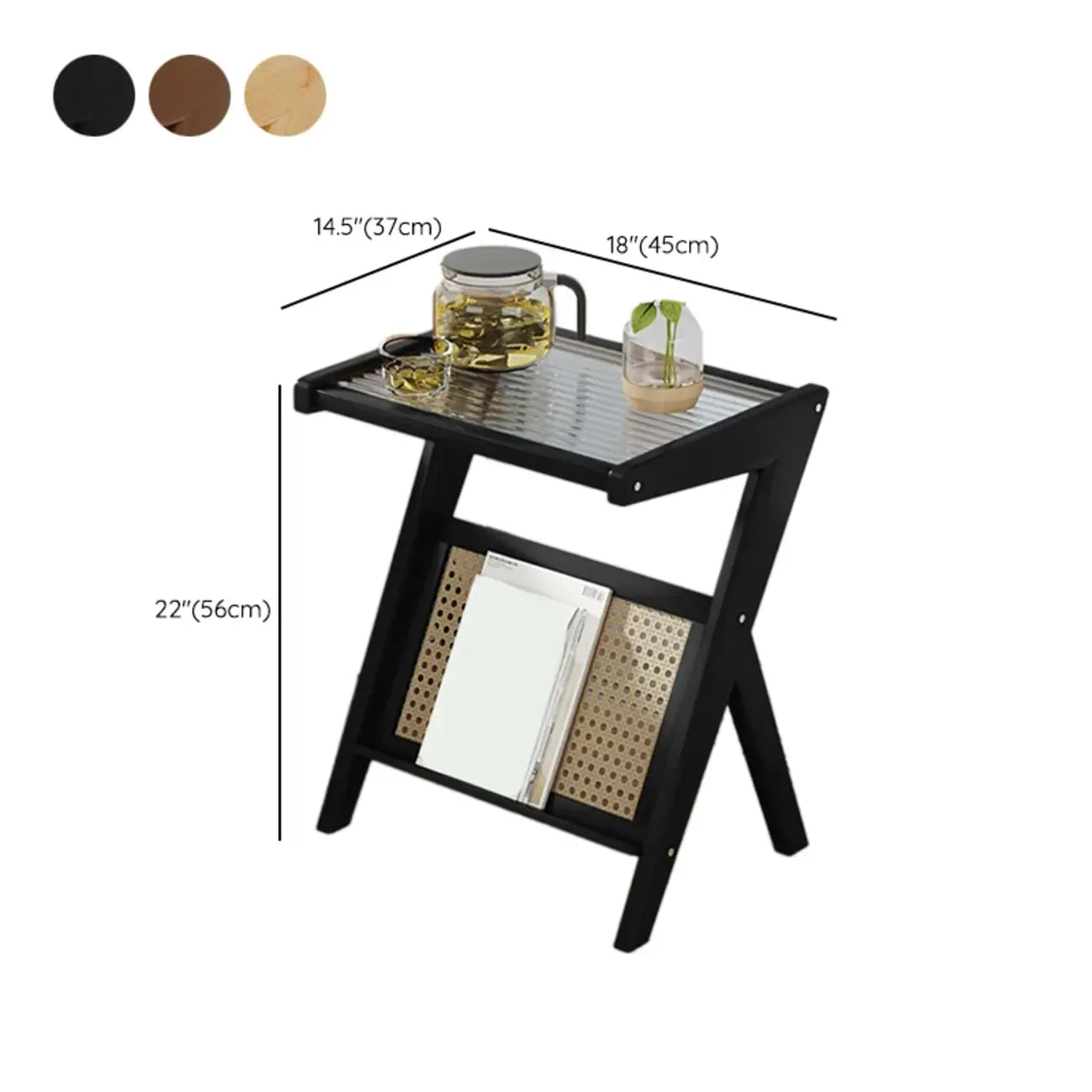 Table d'appoint avec plateau en verre et porte-revues pour salon