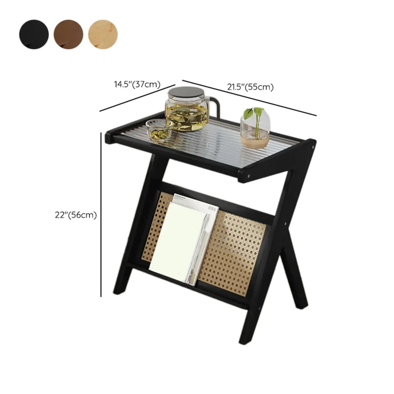 Table d'appoint avec plateau en verre et porte-revues pour salon
