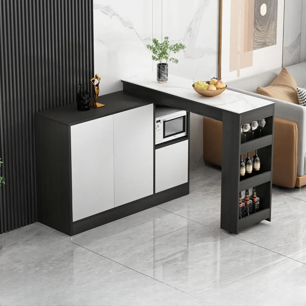 Table de bar moderne marron avec rangement pour le vin, idéale pour le salon.
