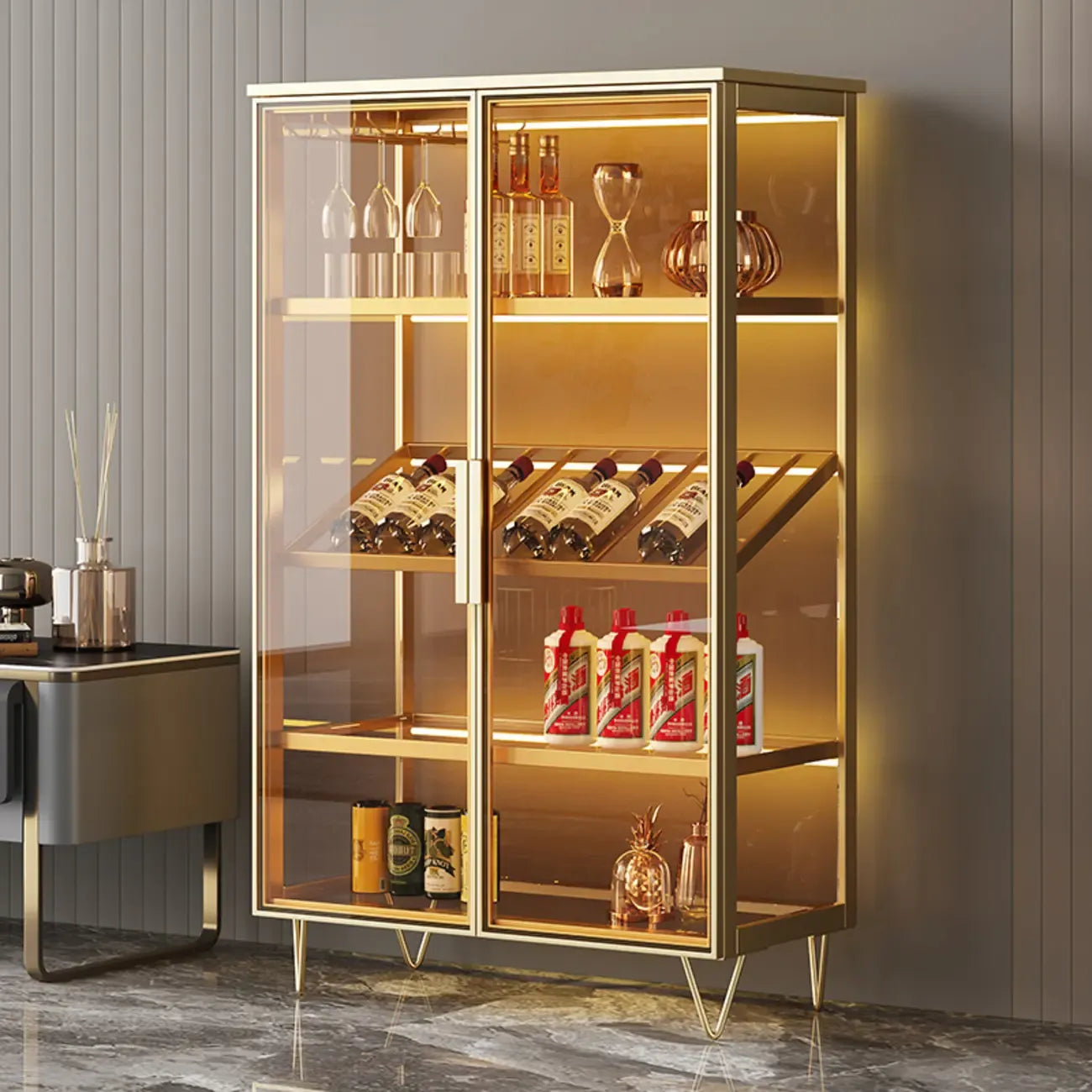 Vitrine de luxe à plusieurs niveaux en verre beige avec éclairage