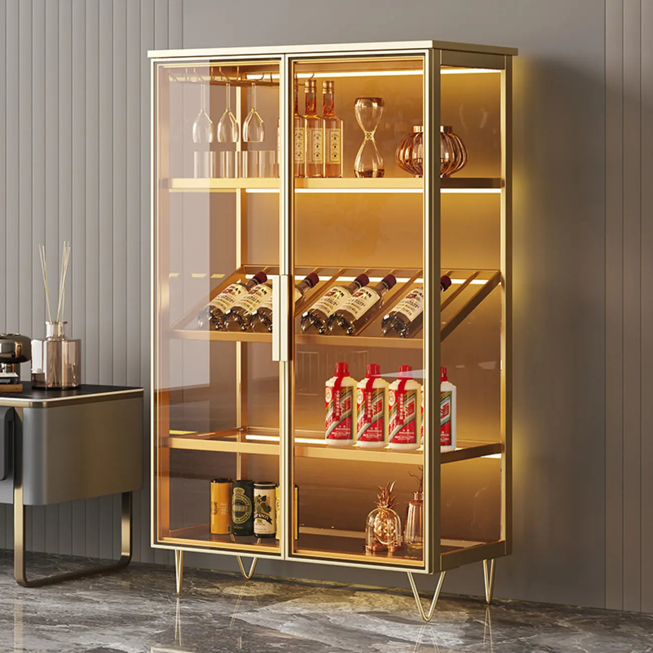 Vitrine de luxe à plusieurs niveaux en verre beige avec éclairage