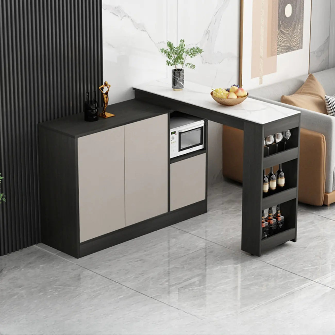 Table de bar moderne marron avec rangement pour le vin, idéale pour le salon.