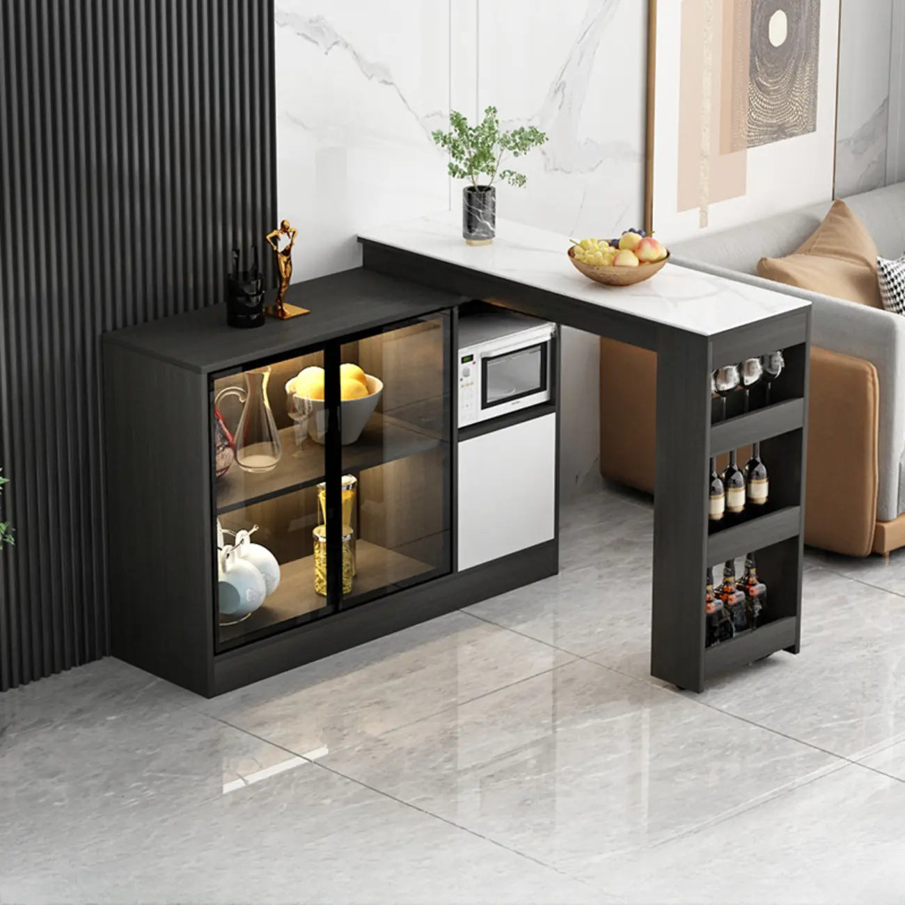Table de bar moderne marron avec rangement pour le vin, idéale pour le salon.