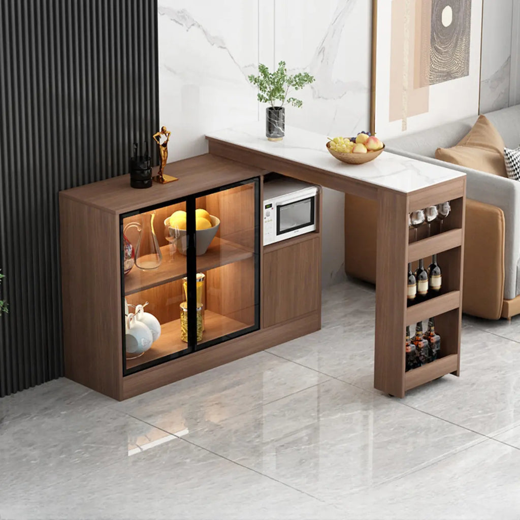 Table de bar moderne marron avec rangement pour le vin, idéale pour le salon.