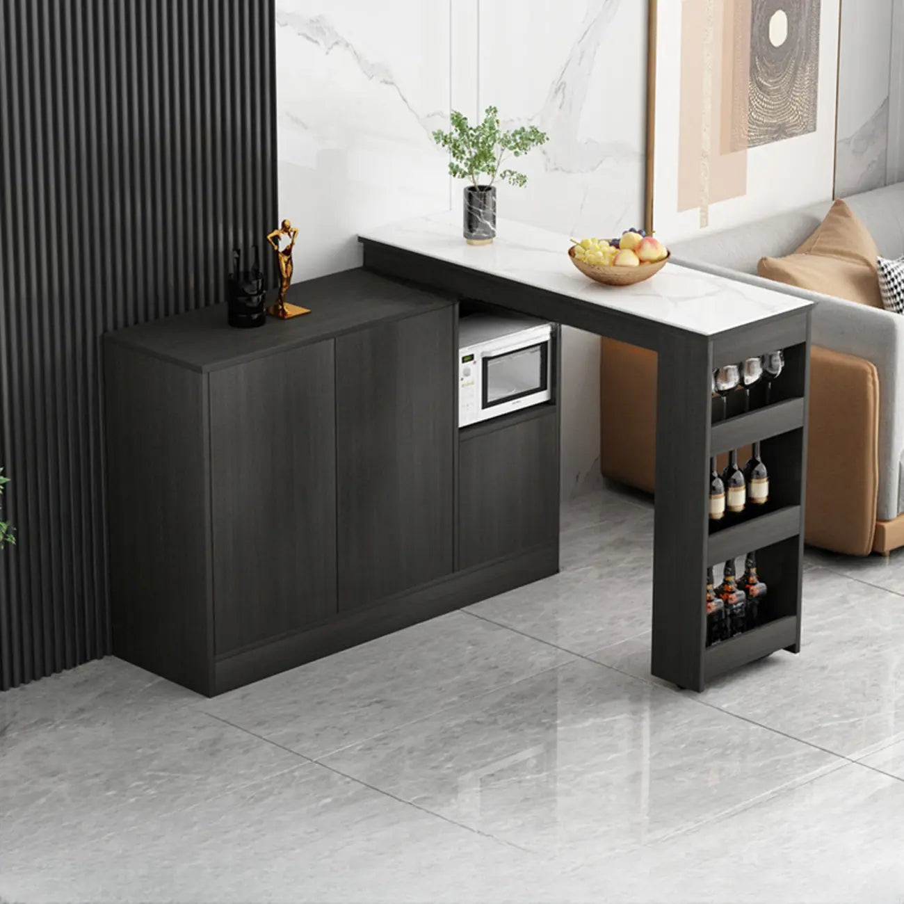 Table de bar moderne marron avec rangement pour le vin, idéale pour le salon.