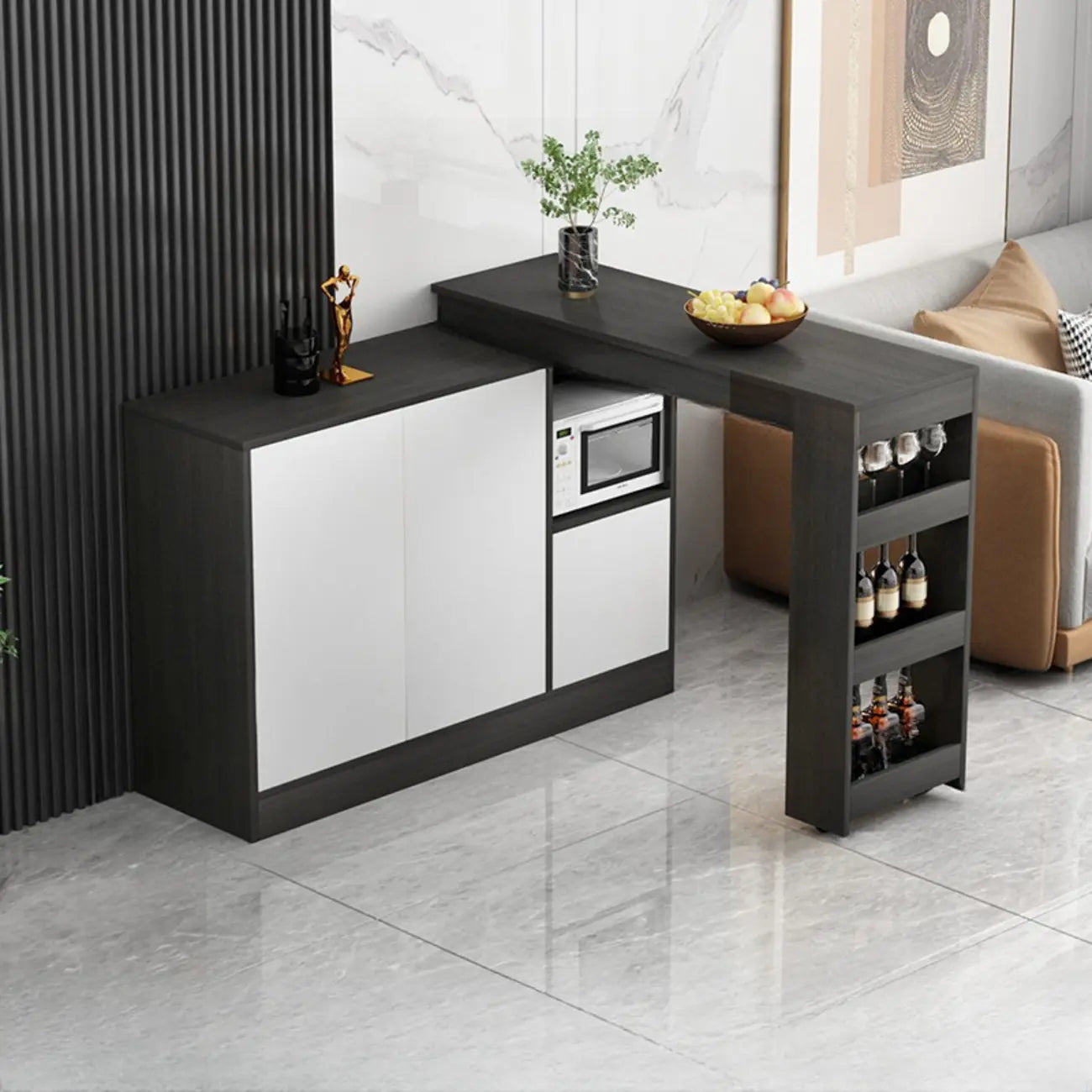 Table de bar moderne marron avec rangement pour le vin, idéale pour le salon.