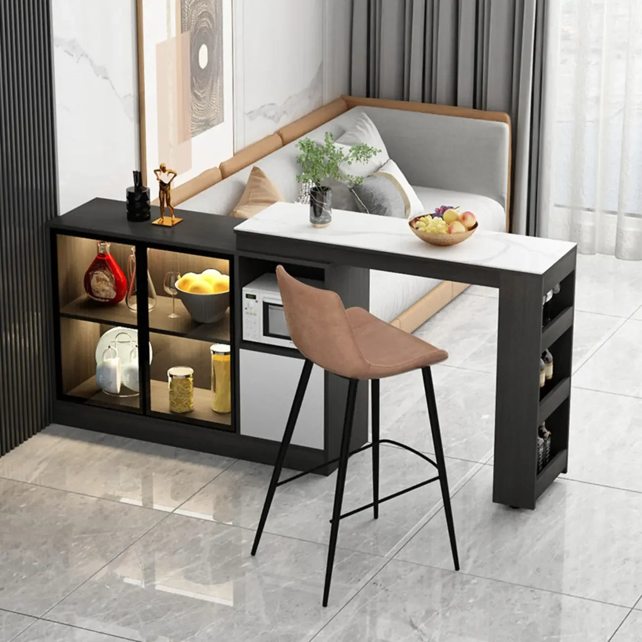 Table de bar moderne marron avec rangement pour le vin, idéale pour le salon.