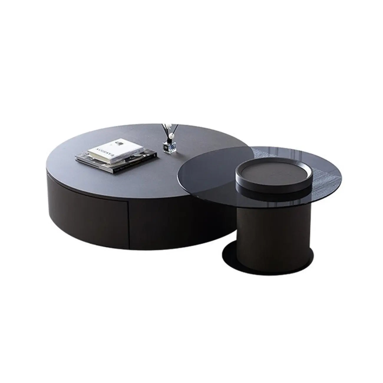 Table basse gigogne moderne noire à plateau rond avec rangement