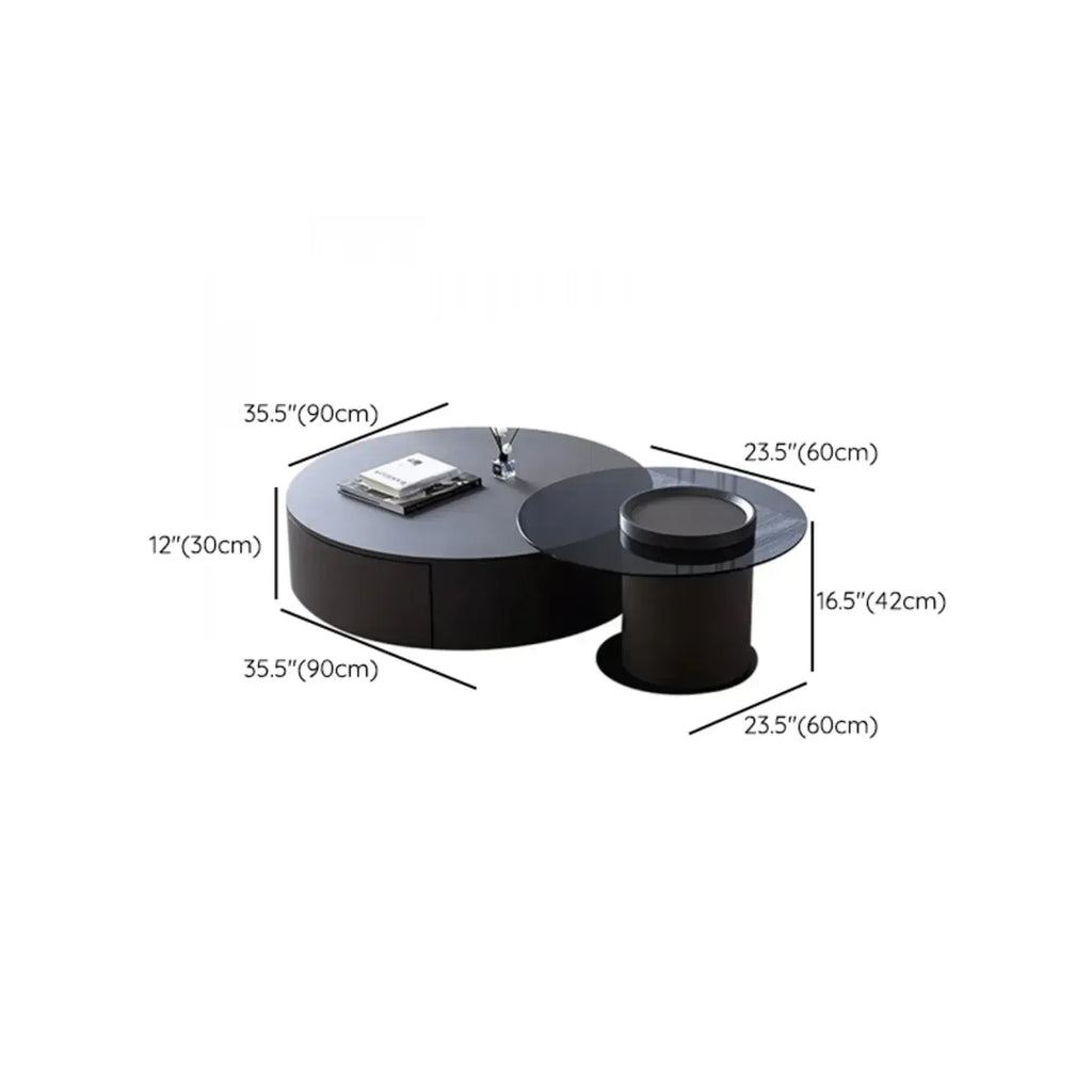 Table basse gigogne moderne noire à plateau rond avec rangement