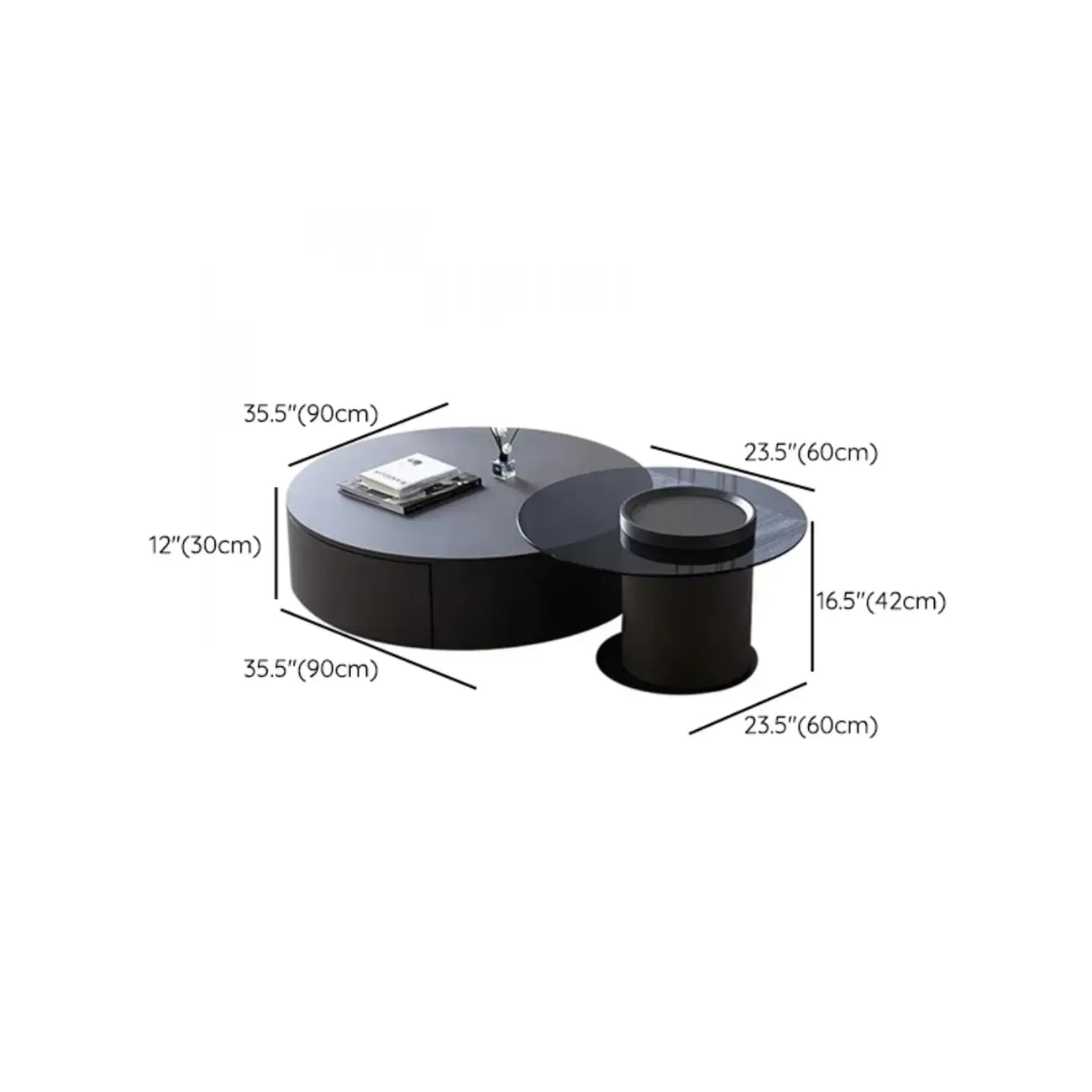Table basse gigogne moderne noire à plateau rond avec rangement