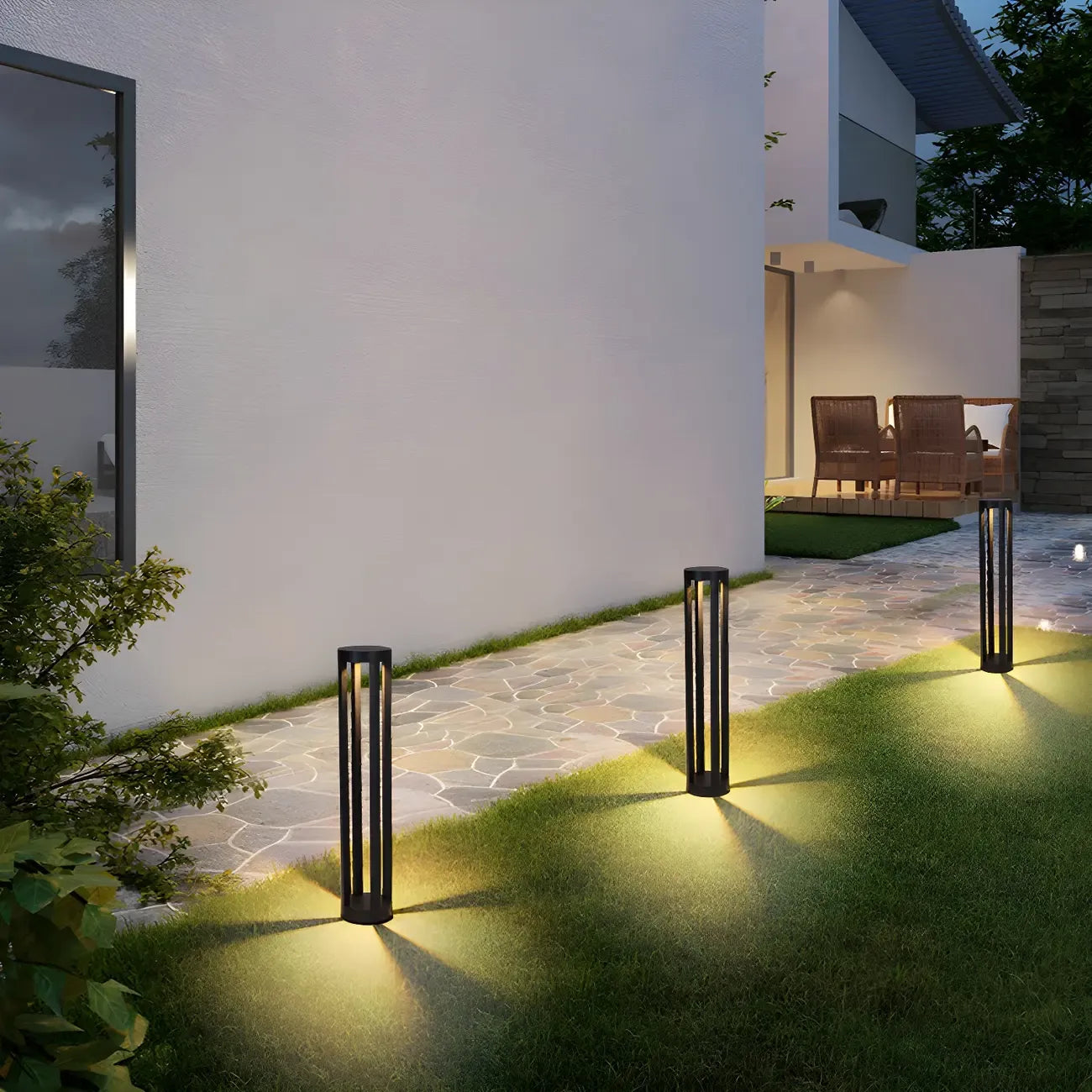 Borne lumineuse LED moderne en métal noir pour allée extérieure