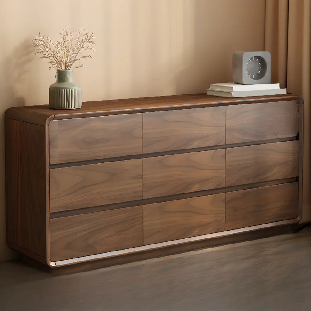 Commode double minimaliste en bois brun avec 9 tiroirs de rangement