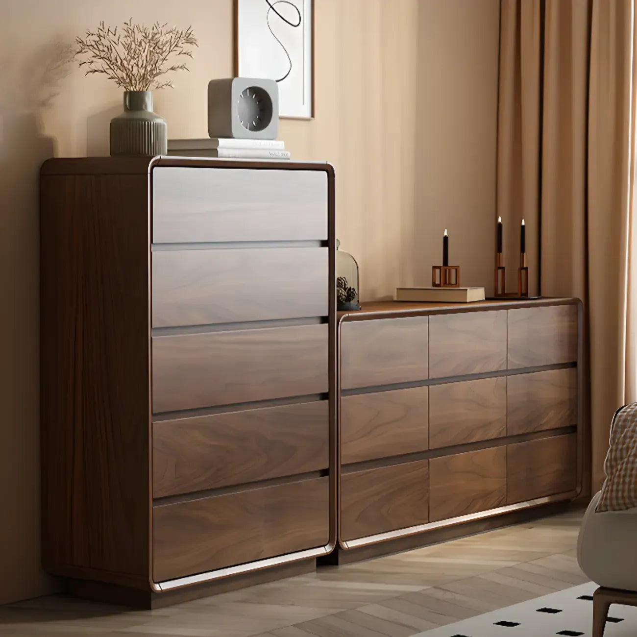 Commode double minimaliste en bois brun avec 9 tiroirs de rangement
