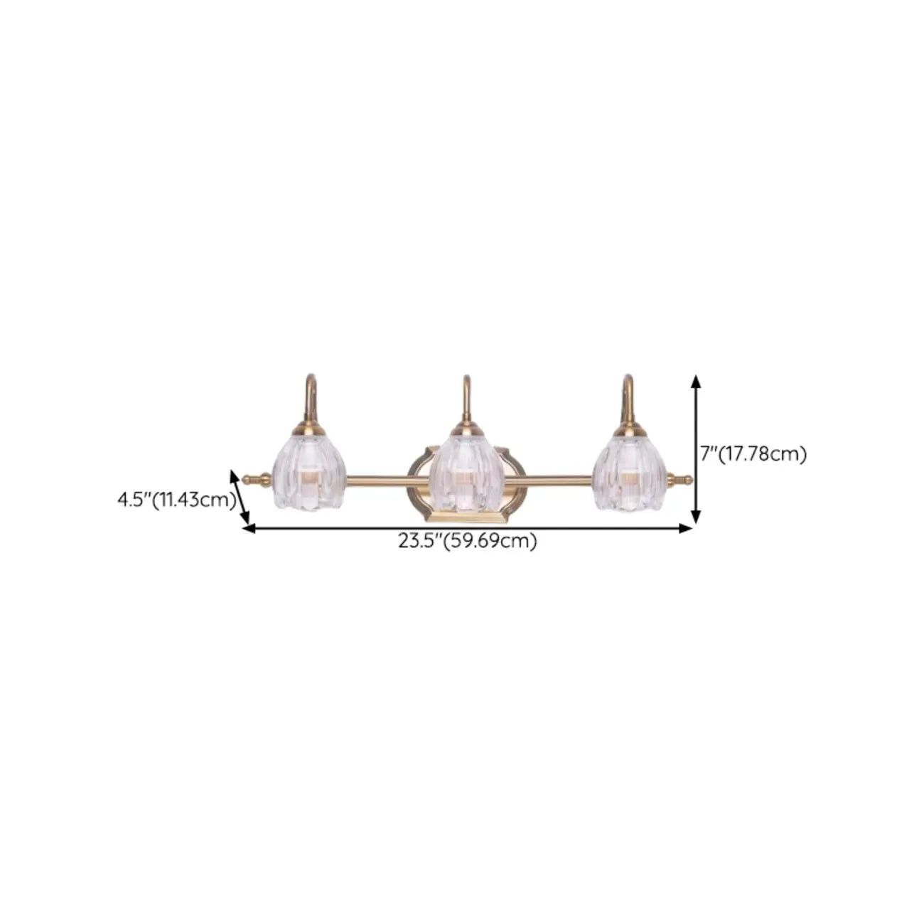 Applique murale moderne à trois lampes en laiton avec globe, à placer au-dessus du miroir.