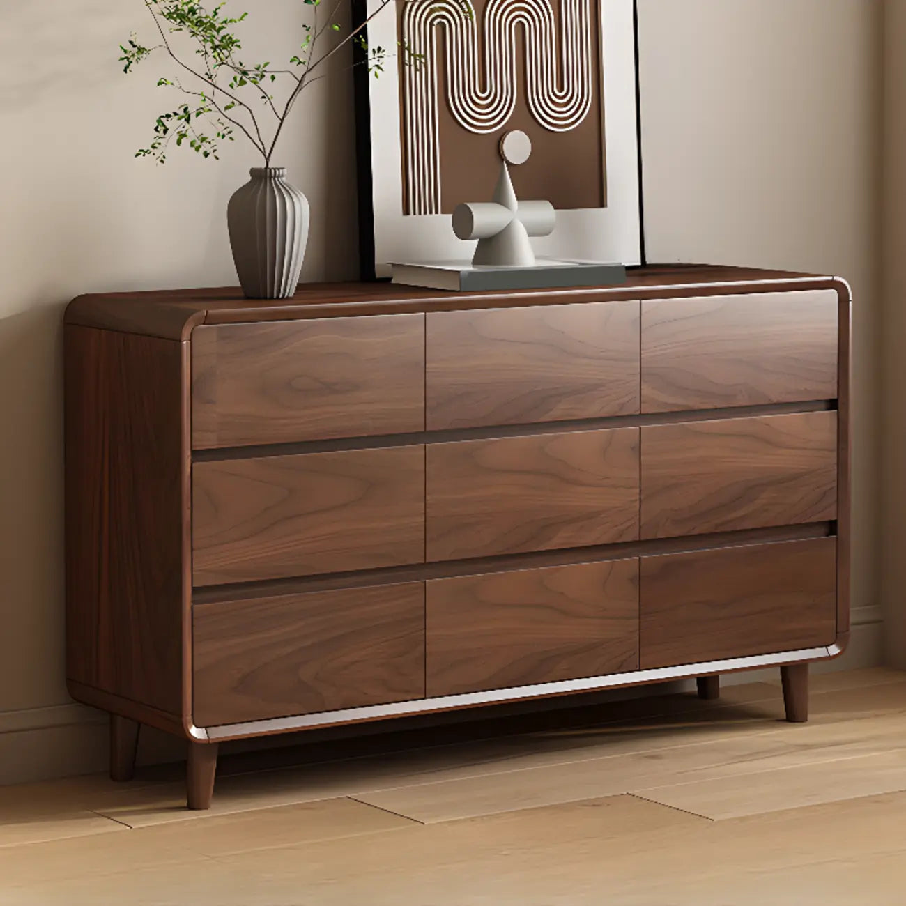 Commode double minimaliste en bois brun avec 9 tiroirs de rangement