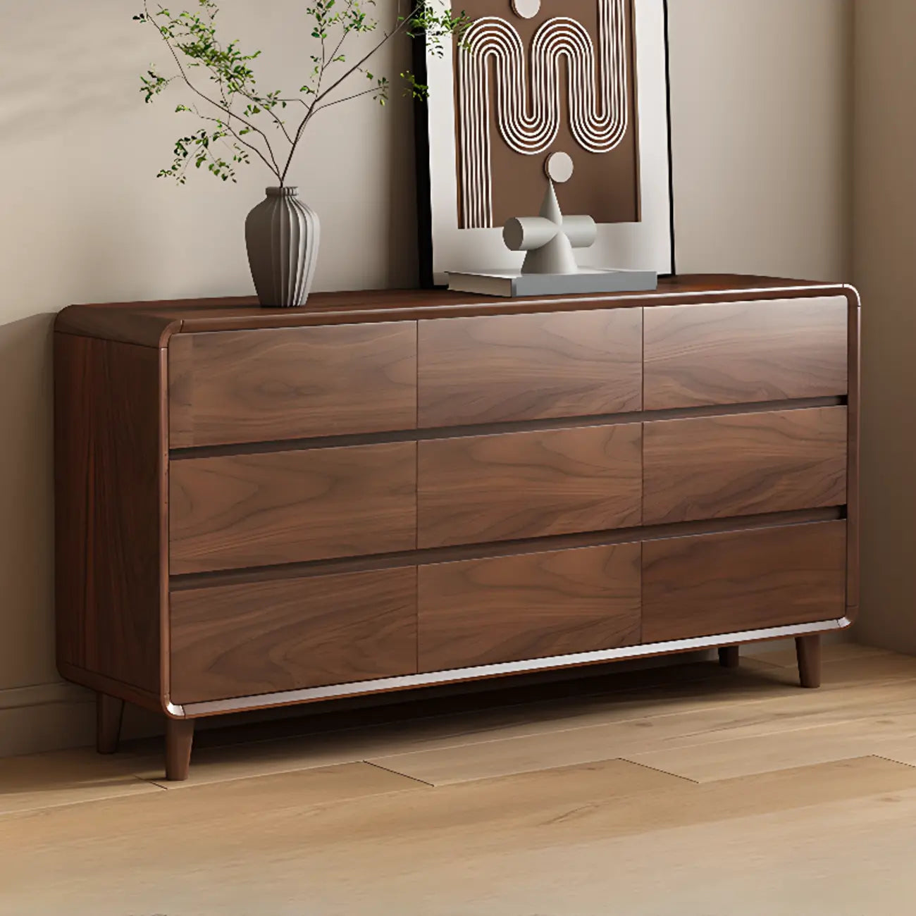 Commode double minimaliste en bois brun avec 9 tiroirs de rangement