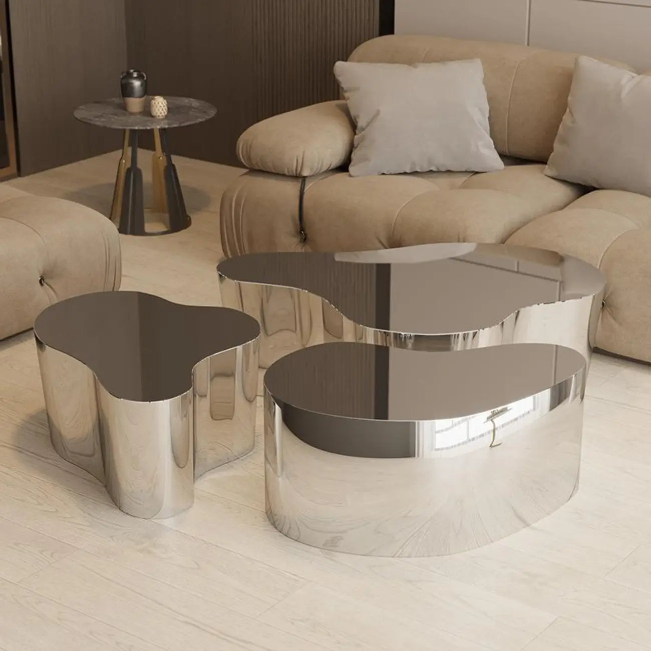 Table basse moderne abstraite en métal et miroir