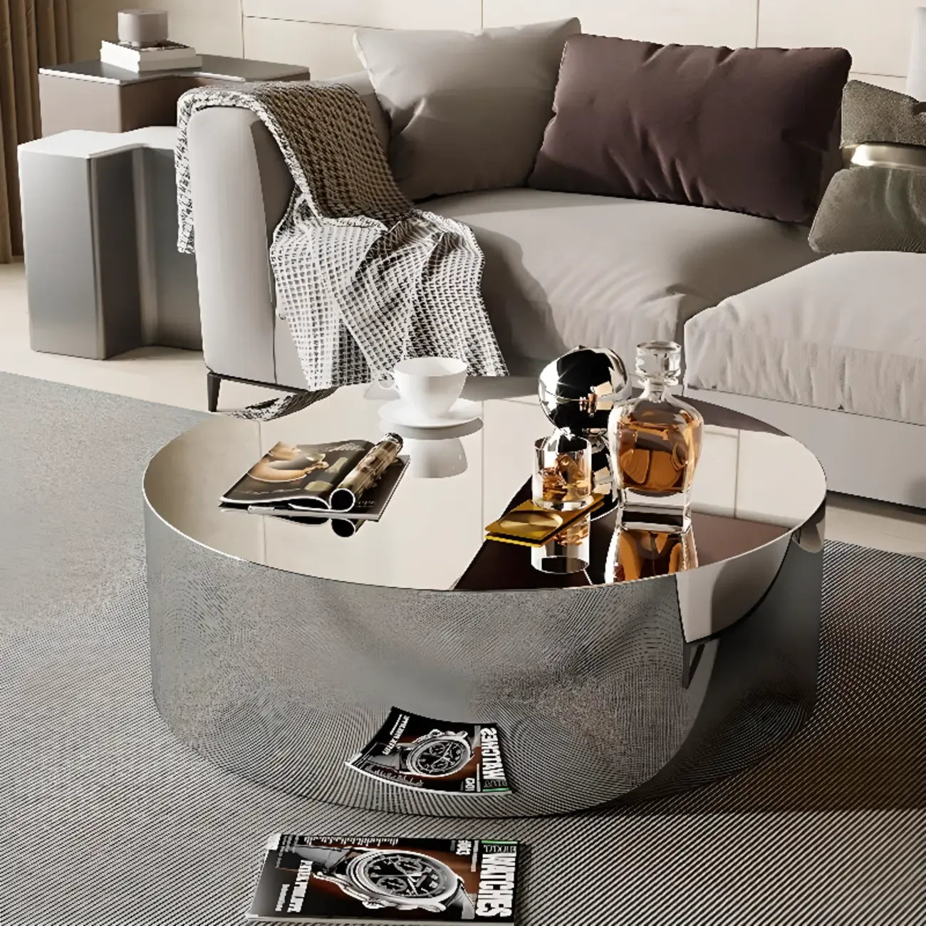 Table basse moderne abstraite en métal et miroir