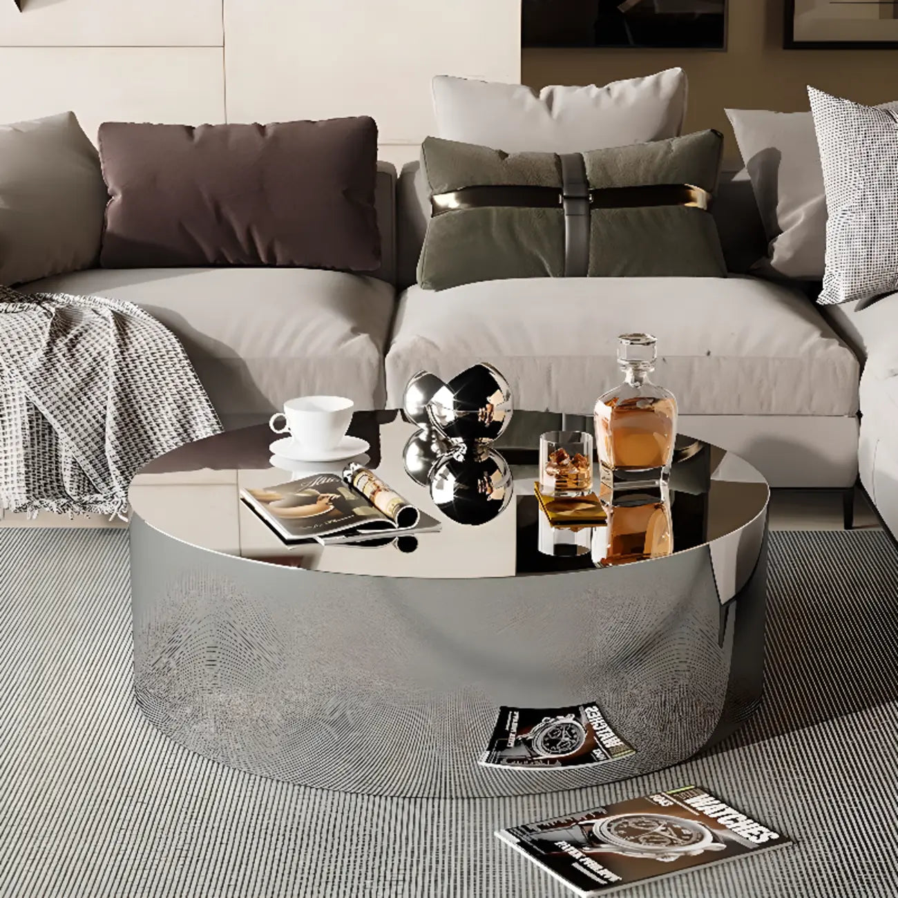 Table basse moderne abstraite en métal et miroir