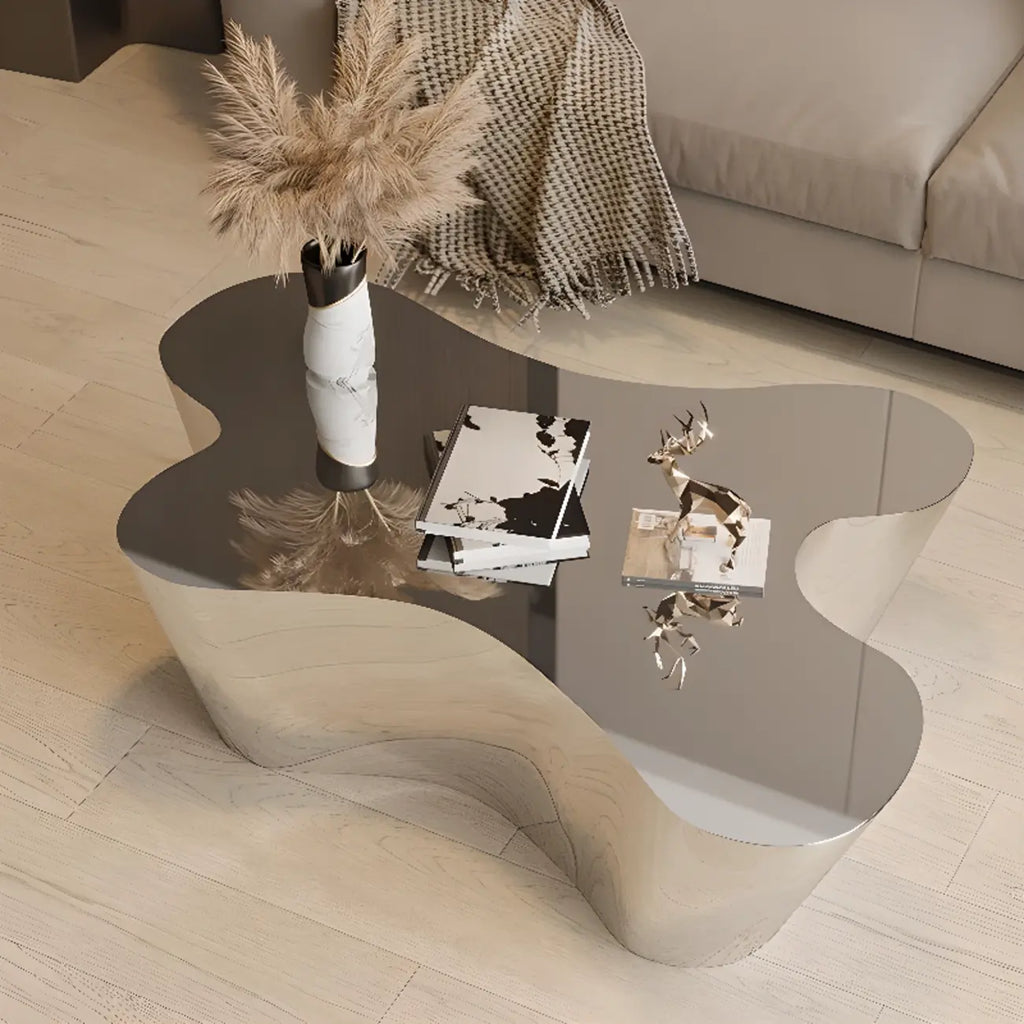 Table basse moderne abstraite en métal et miroir