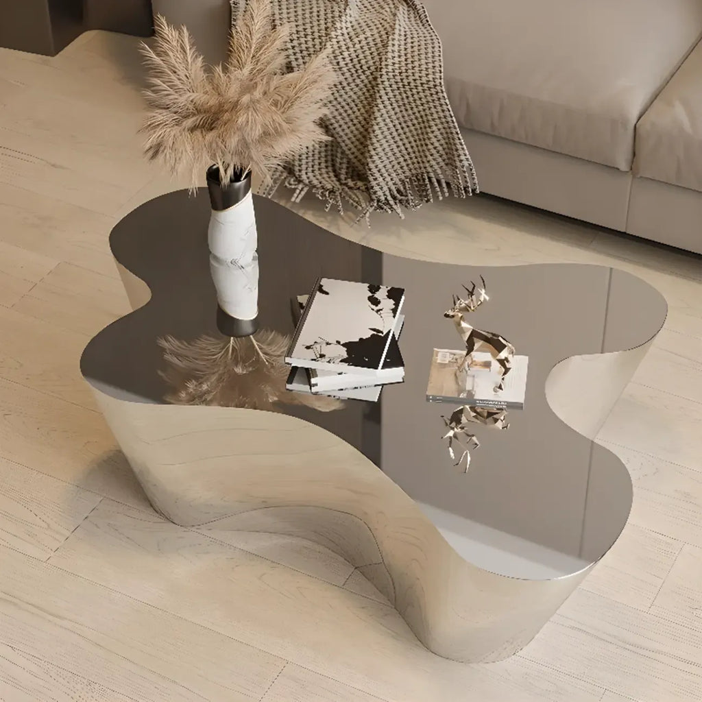 Table basse moderne abstraite en métal et miroir