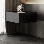 Table de chevet moderne en bois noir avec pieds en verre et tiroir de rangement