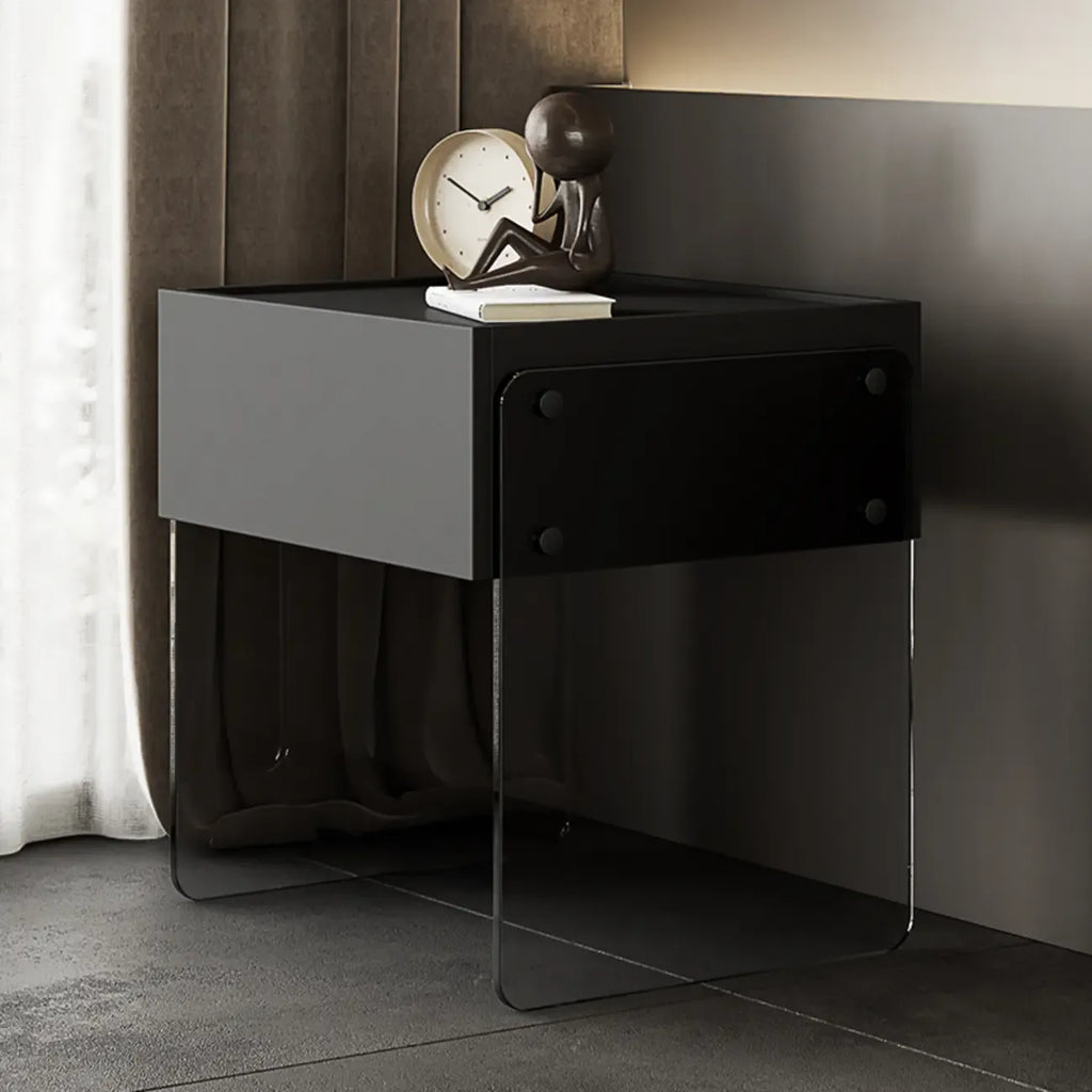 Table de chevet moderne en bois noir avec pieds en verre et tiroir de rangement