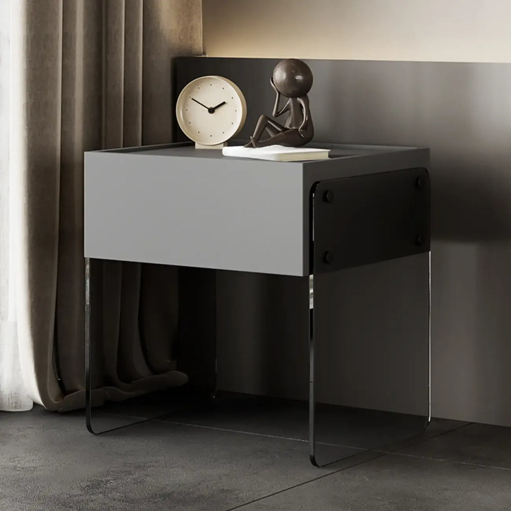 Table de chevet moderne en bois noir avec pieds en verre et tiroir de rangement