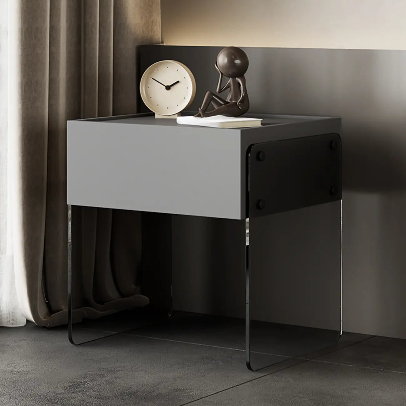 Table de chevet moderne en bois noir avec pieds en verre et tiroir de rangement