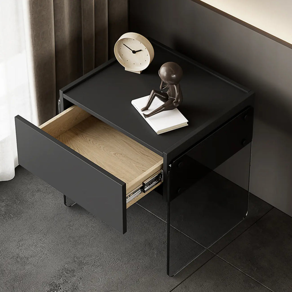 Table de chevet moderne en bois noir avec pieds en verre et tiroir de rangement