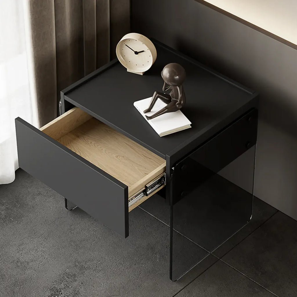 Table de chevet moderne en bois noir avec pieds en verre et tiroir de rangement