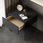 Table de chevet moderne en bois noir avec pieds en verre et tiroir de rangement
