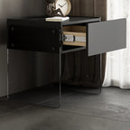 Table de chevet moderne en bois noir avec pieds en verre et tiroir de rangement