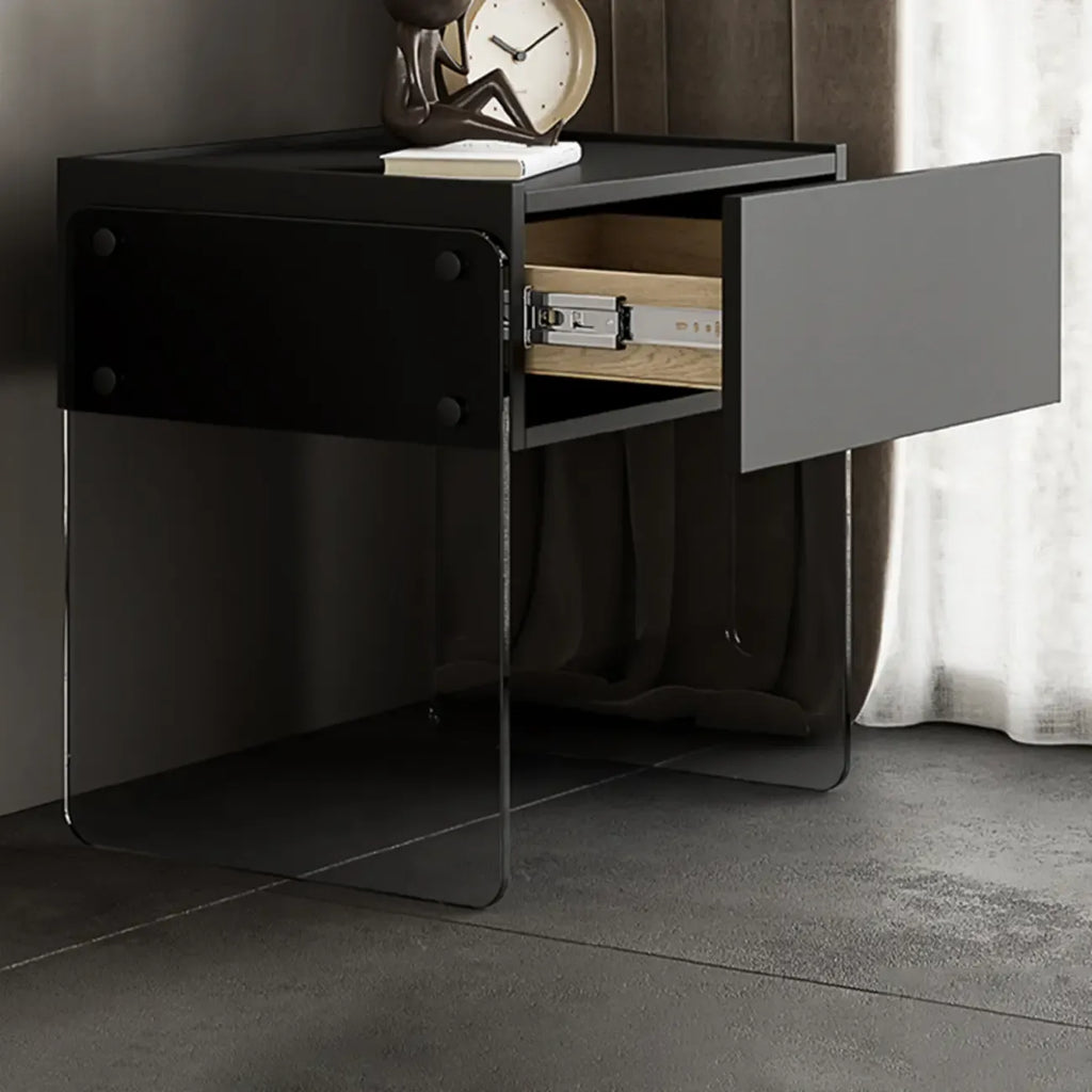 Table de chevet moderne en bois noir avec pieds en verre et tiroir de rangement