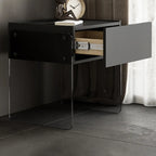 Table de chevet moderne en bois noir avec pieds en verre et tiroir de rangement