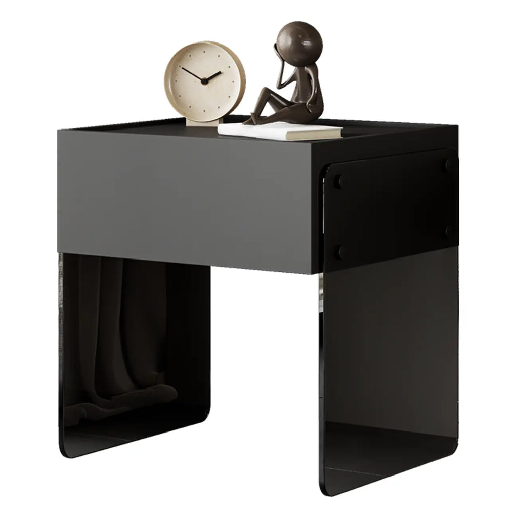 Table de chevet moderne en bois noir avec pieds en verre et tiroir de rangement
