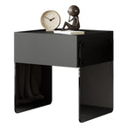 Table de chevet moderne en bois noir avec pieds en verre et tiroir de rangement