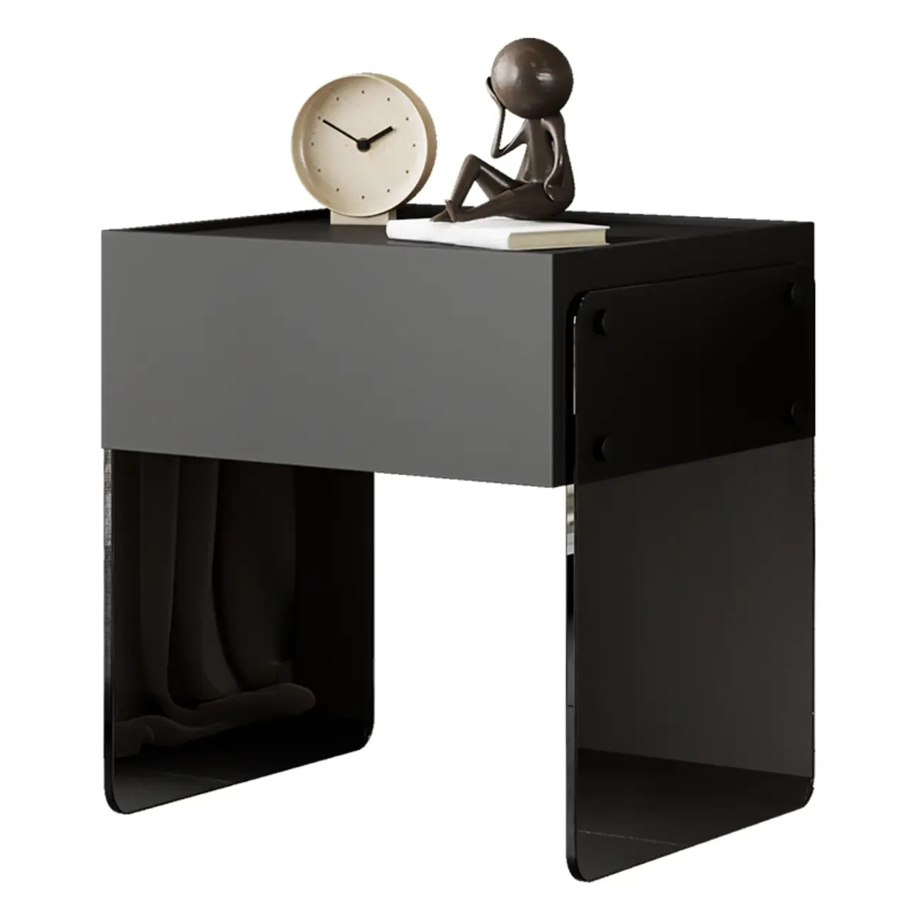 Table de chevet moderne en bois noir avec pieds en verre et tiroir de rangement