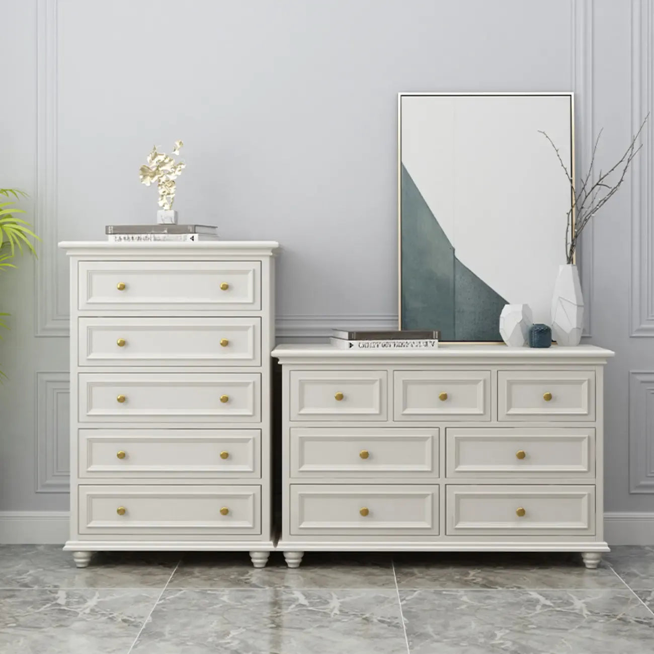 Commode de célibataire en bois blanc de qualité supérieure avec poignée dorée