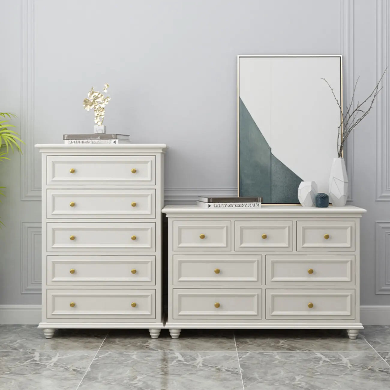Commode de célibataire en bois blanc de qualité supérieure avec poignée dorée