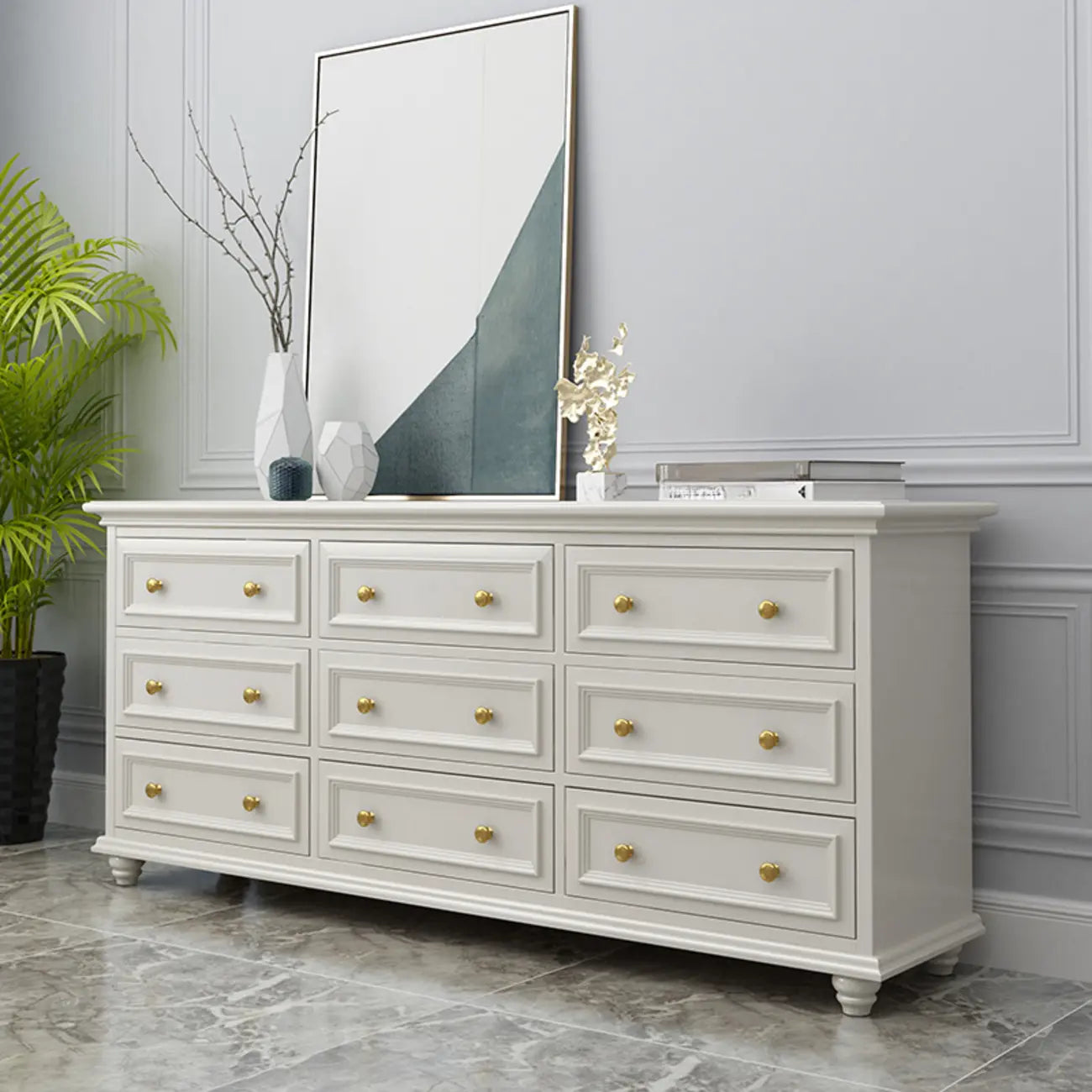 Commode de célibataire en bois blanc de qualité supérieure avec poignée dorée