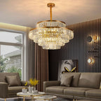 Lustre luxueux en cristal doré à plusieurs niveaux