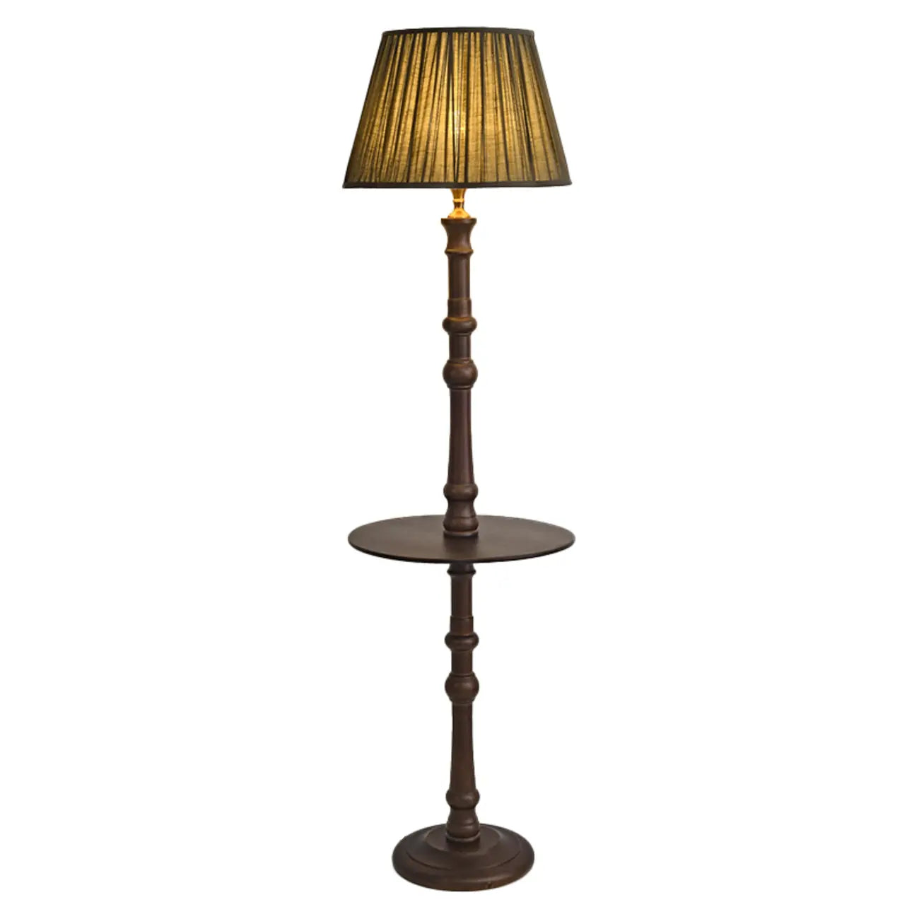 Lampadaire élégant en bois avec étagère et abat-jour en tissu