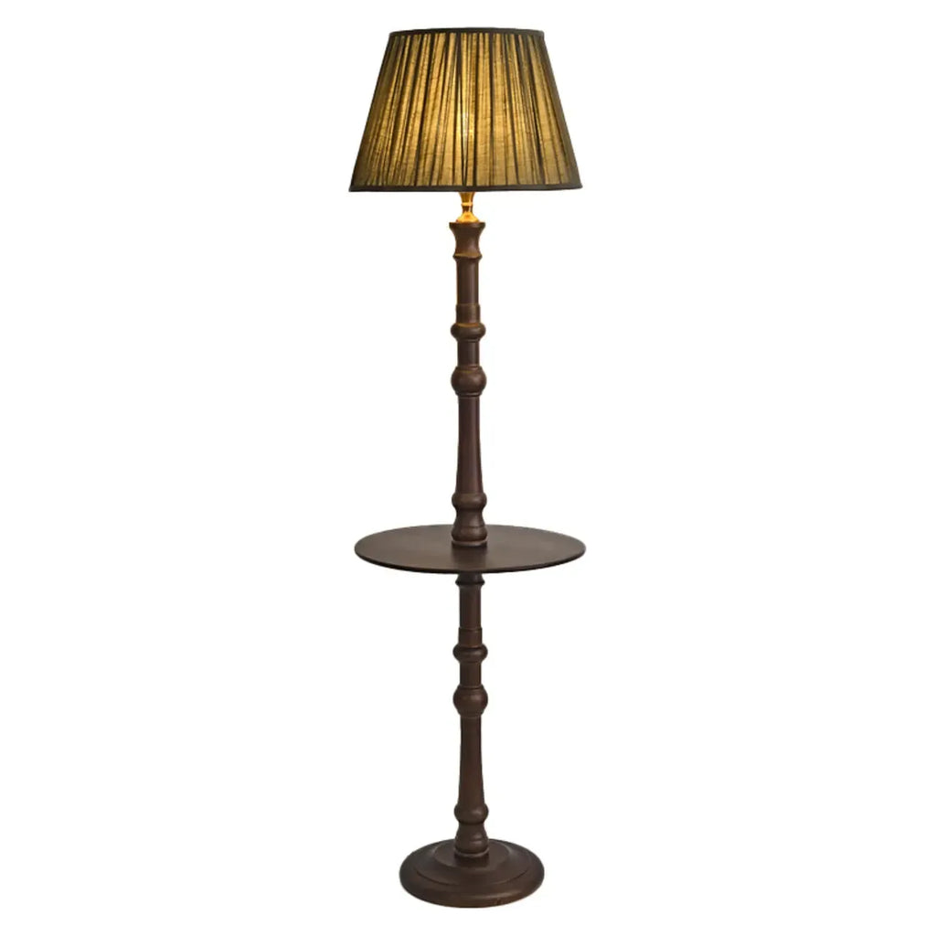 Lampadaire élégant en bois avec étagère et abat-jour en tissu