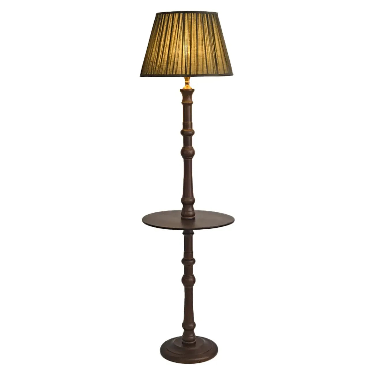 Lampadaire élégant en bois avec étagère et abat-jour en tissu