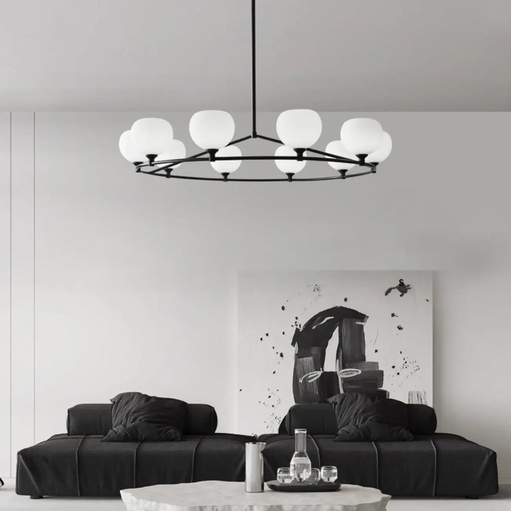 Lustre minimaliste en verre blanc et métal noir